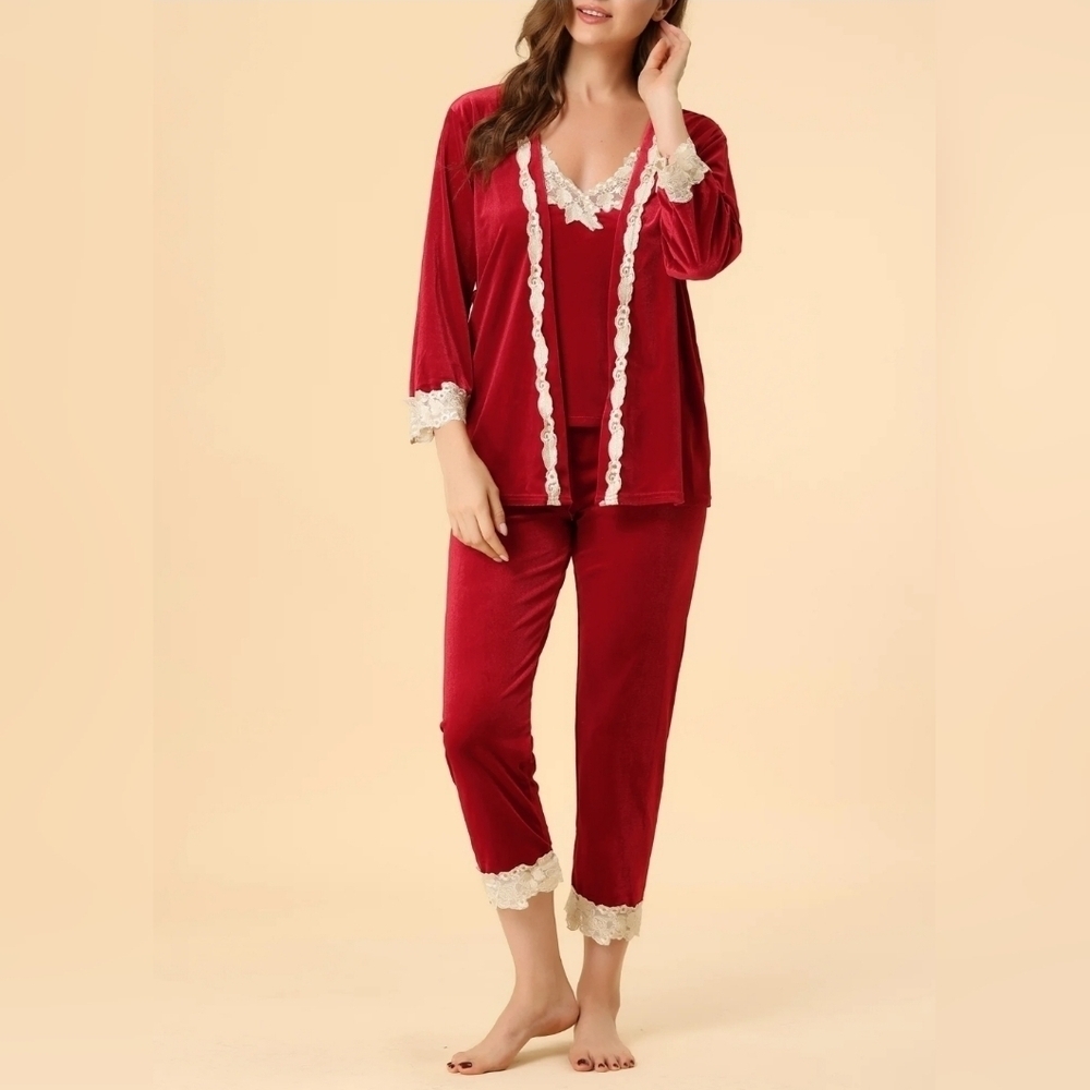 Allegra K Women's 3pcs Cami Top Tie Lace Sleepwear Set Pajama Set Size XS